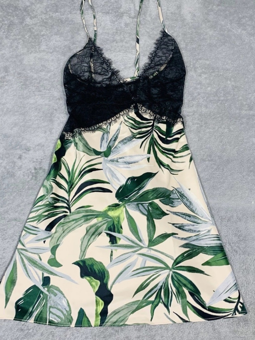Victoria's Secret Black Lace Bodice Tropical Print Slip - Black & Green